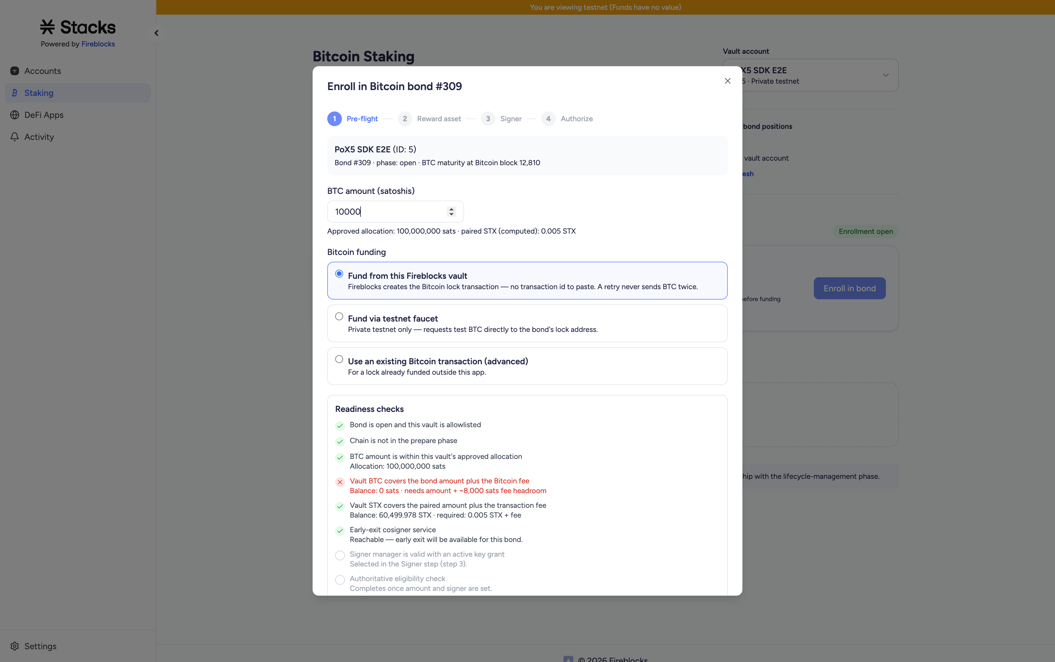 Fireblocks x Stacks enrollment pre-flight showing the BTC amount and readiness checks