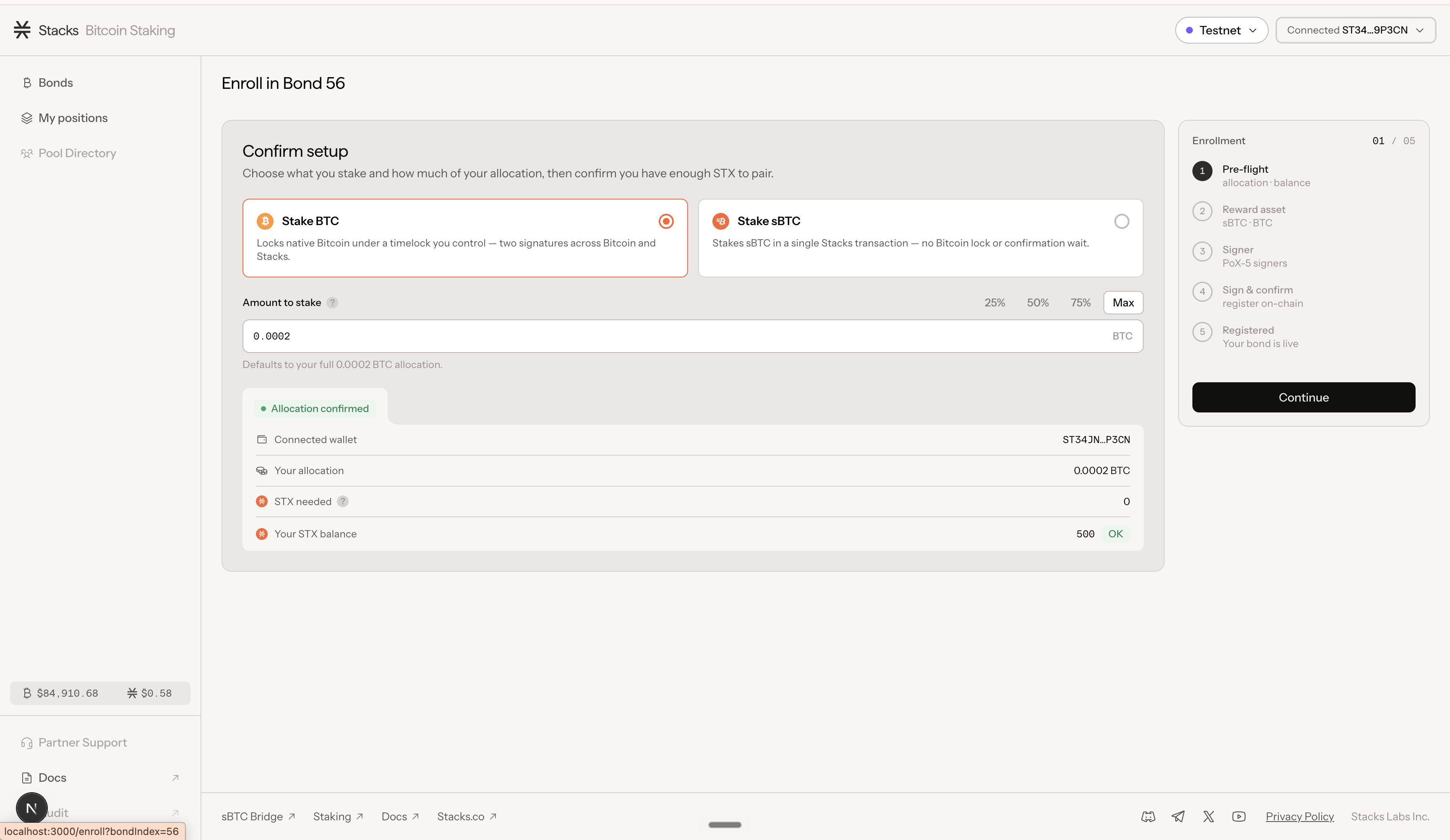 Bitcoin Staking pre-flight showing the BTC path and allocation