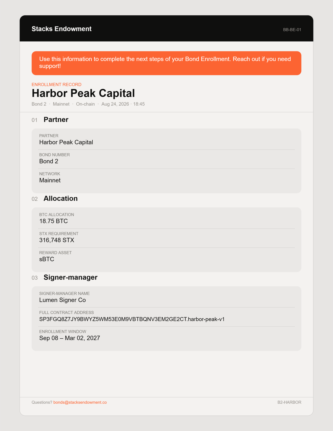 Sample Enrollment Record for a made-up partner named Harbor Peak Capital. It has three sections: Partner, Allocation, and Signer-manager.