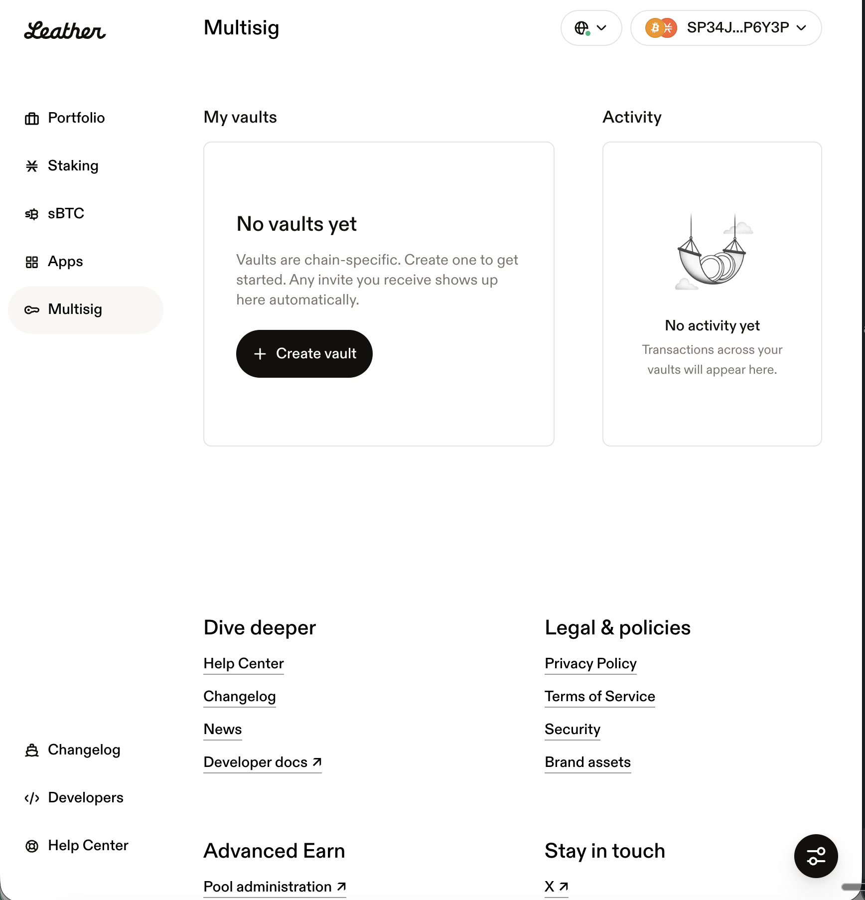 Leather Multisig dashboard showing the Create vault action
